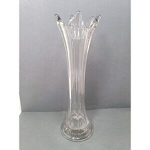 Vintage Clear Swung Glass Trumpet Vase 9.25" Scalloped Edge Flared Design